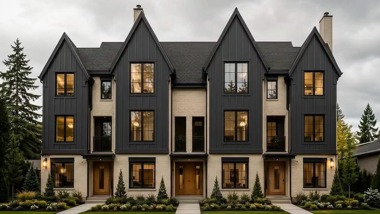 Evergreen Dream Home townhome elevation at dusk, warm-lit windows behind a row of evergreens