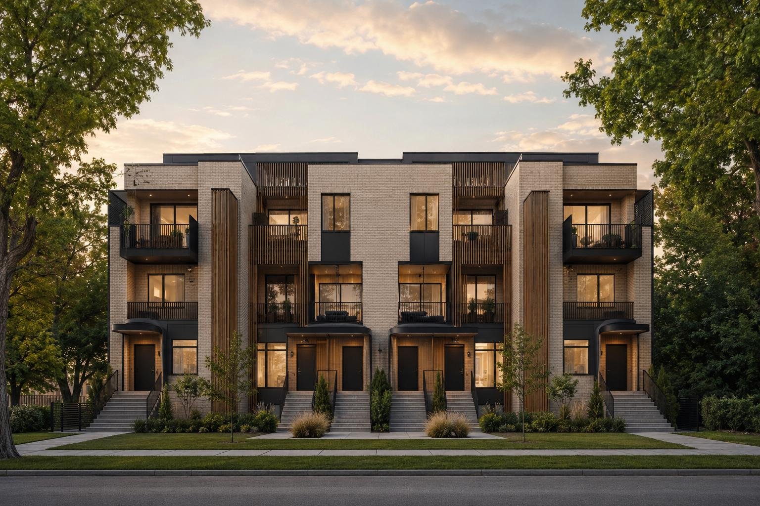Stacked modern multi-family building with glass balconies and EV charging bays