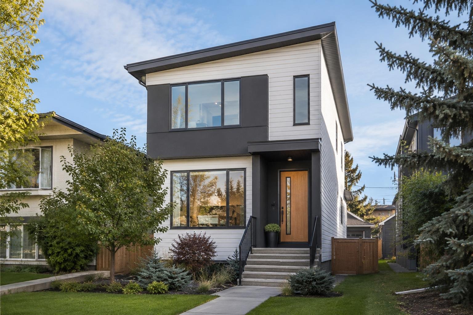 Dark timber-clad home with balconies, framed by a mature garden