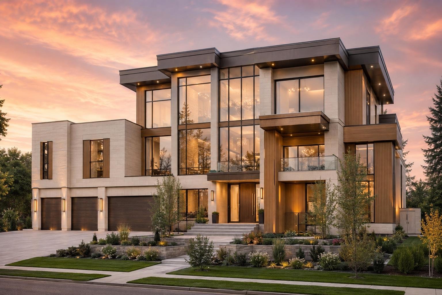 Modern white and wood home with a rooftop terrace and full-height glazing