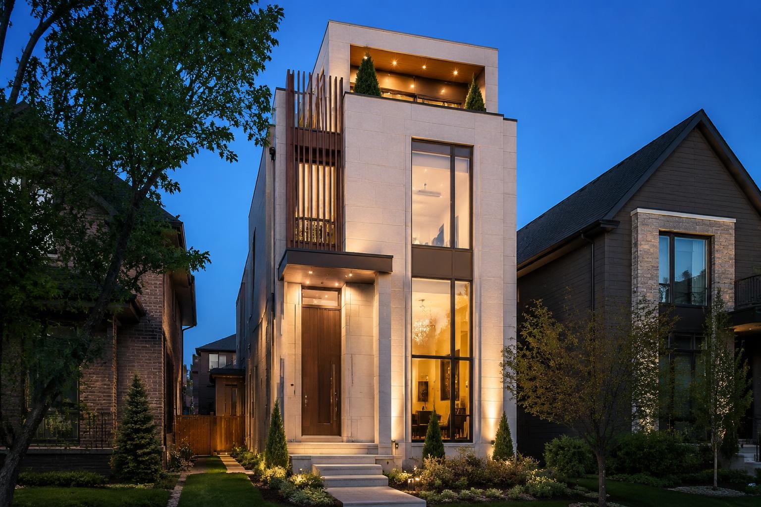 Modern flat-roof custom home lit from within at dusk, wood-clad upper storey over a covered patio