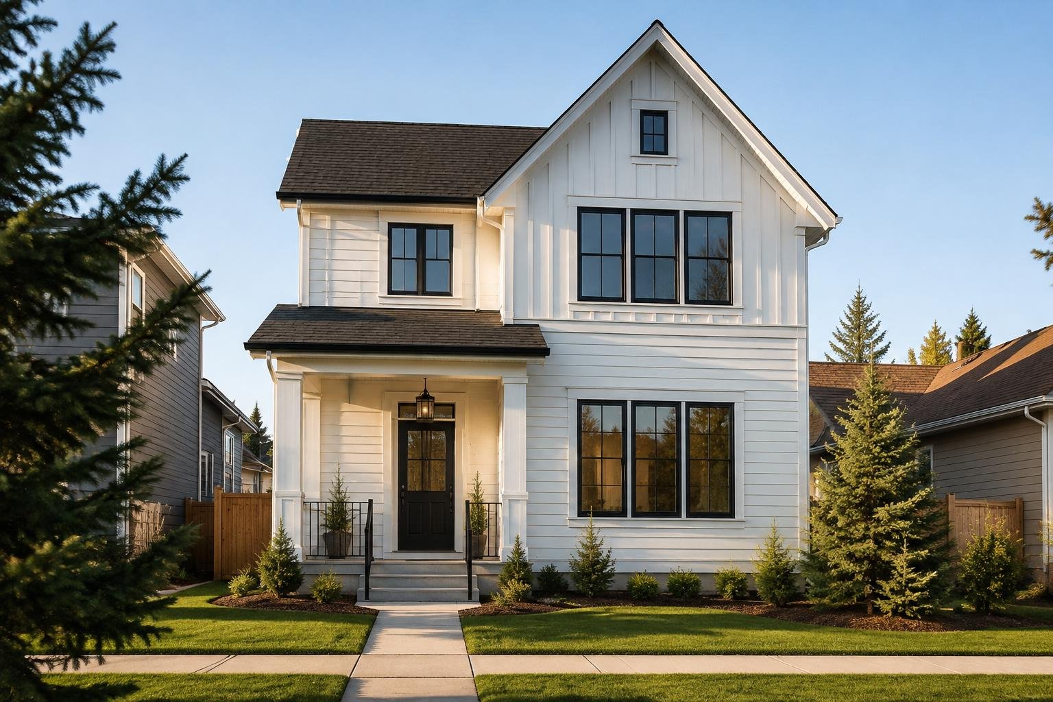 Two-storey home with a stone base, timber window frames and a paved courtyard
