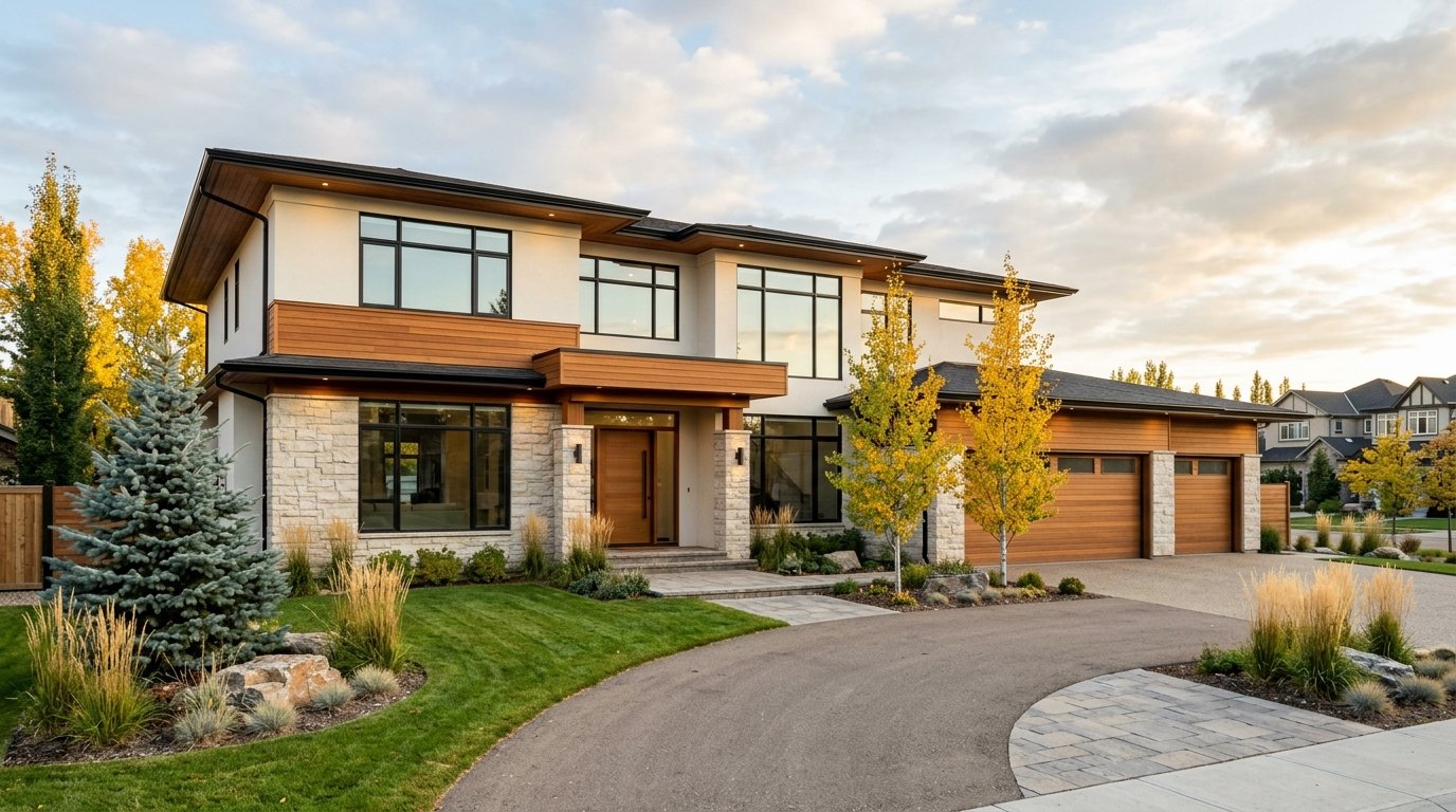 Luxury custom home exterior in an upscale Edmonton neighbourhood representing 2026 build value