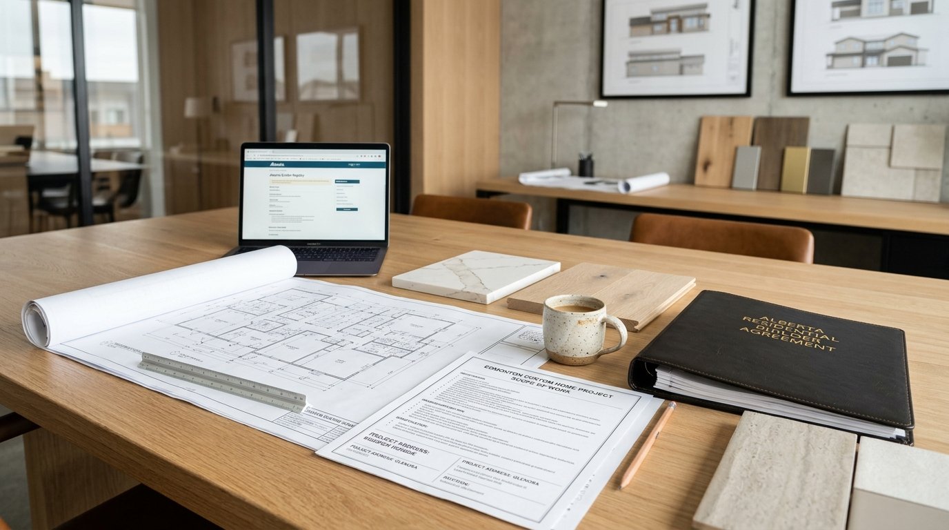 Modern construction estimating studio desk in Edmonton with blueprints scope documents and material samples
