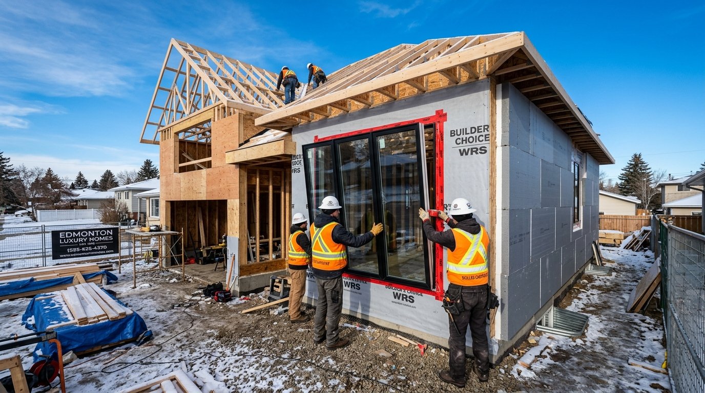 Active winter custom home construction in Edmonton showing framing and high performance building envelope