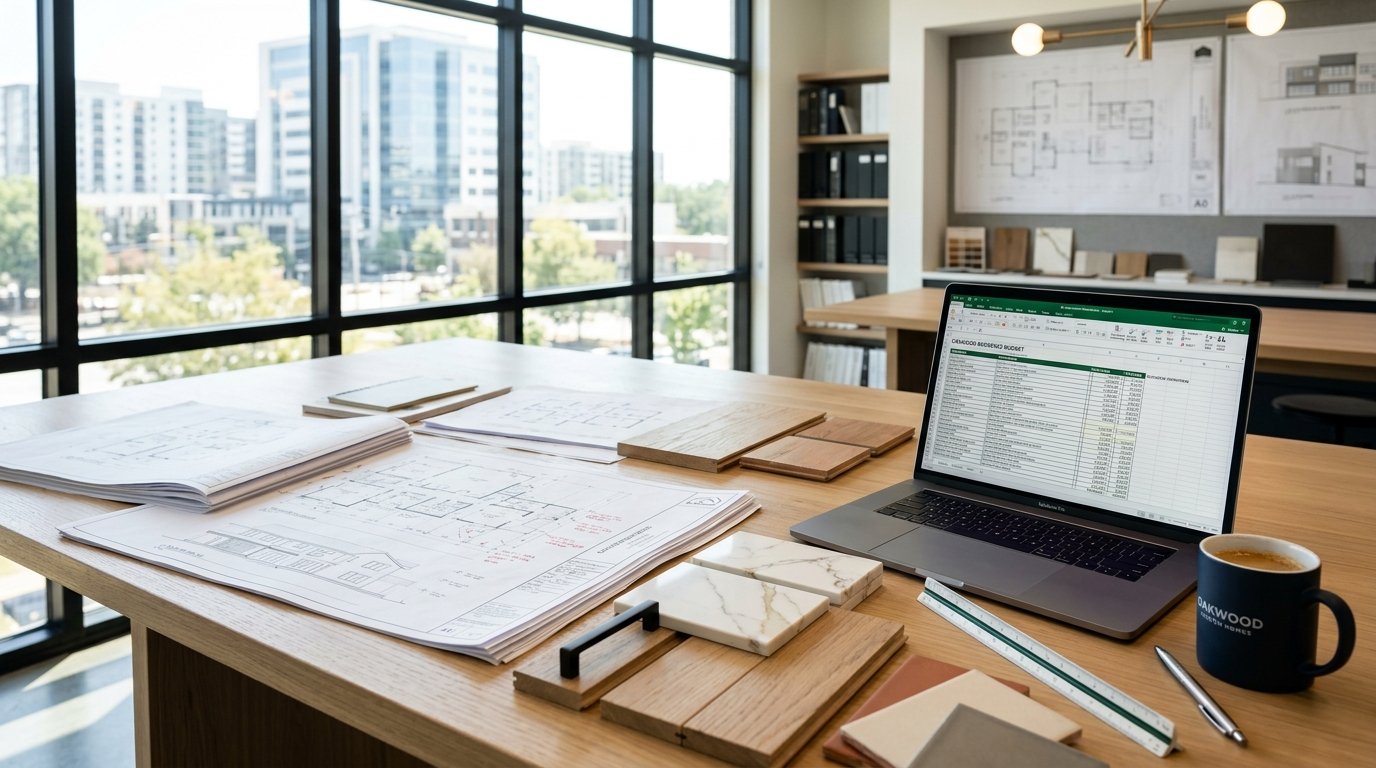Architectural blueprints, construction cost breakdown spreadsheet, and material swatches for custom home building in Edmonton