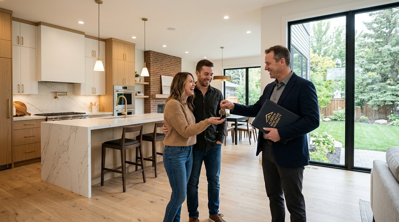Turnkey custom luxury home interior walkthrough in Edmonton with builder presenting warranty binder to homeowners