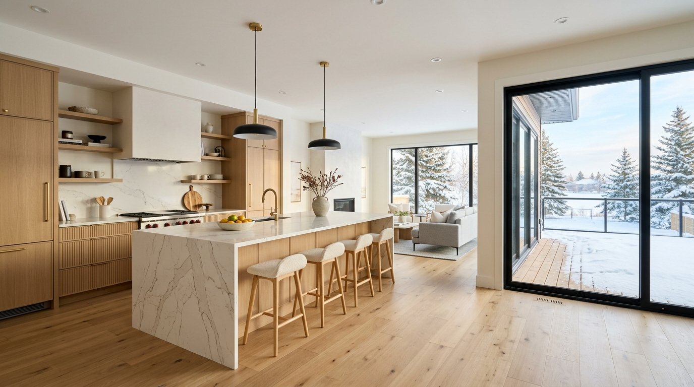 Completed luxury custom home interior in Edmonton featuring quartz waterfall island and white oak cabinetry