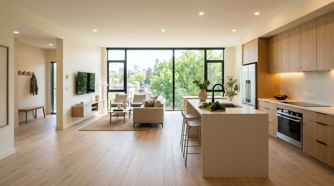 Turnkey accessible modern rental suite interior in Edmonton with wide hallways, zero threshold flooring, and quartz kitchen island