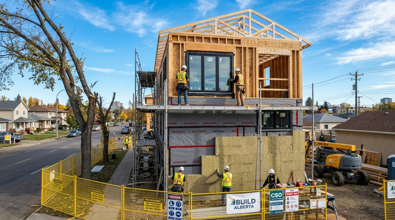 Active multi-family construction site in Edmonton showing continuous exterior insulation and triple-pane windows for CMHC MLI Select compliance