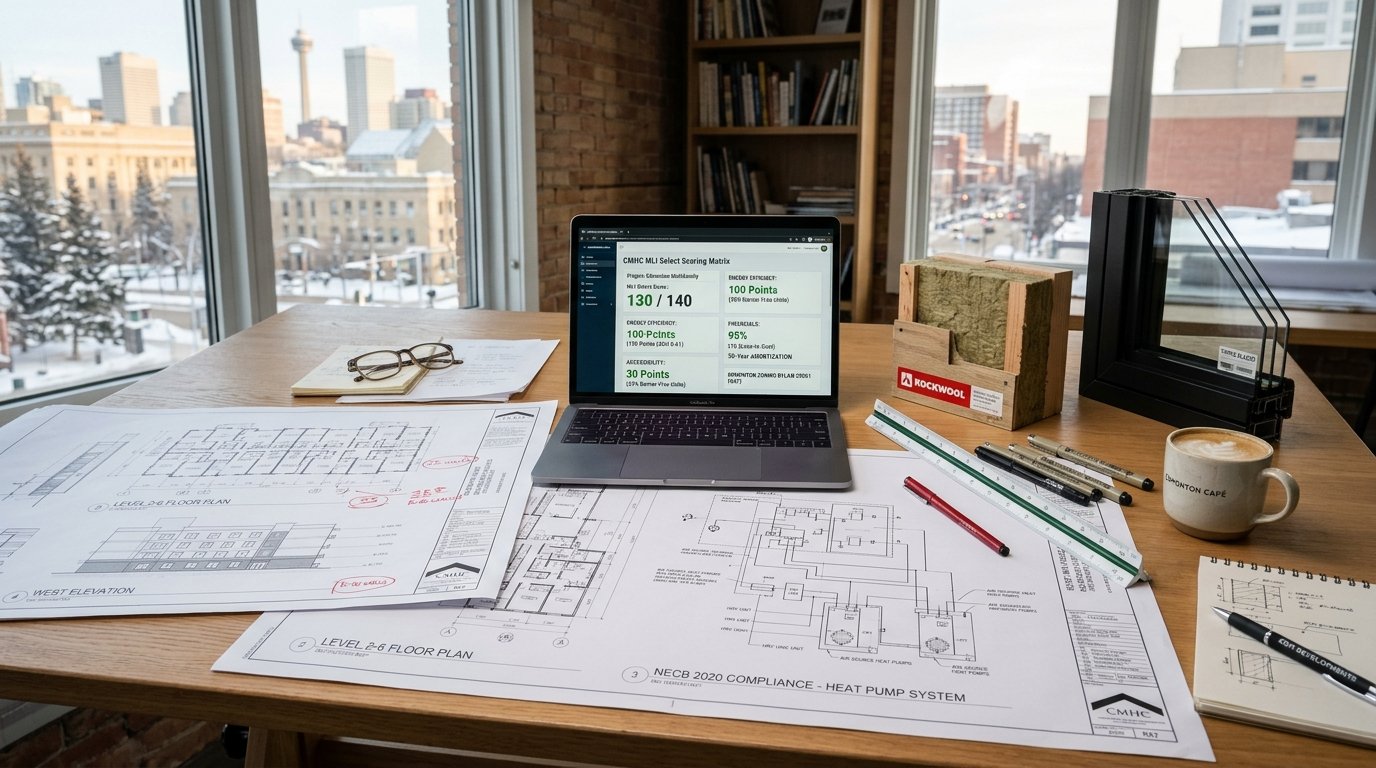 Architectural drafting studio desk with CMHC MLI Select scoring matrix blueprints and NECB energy modeling data