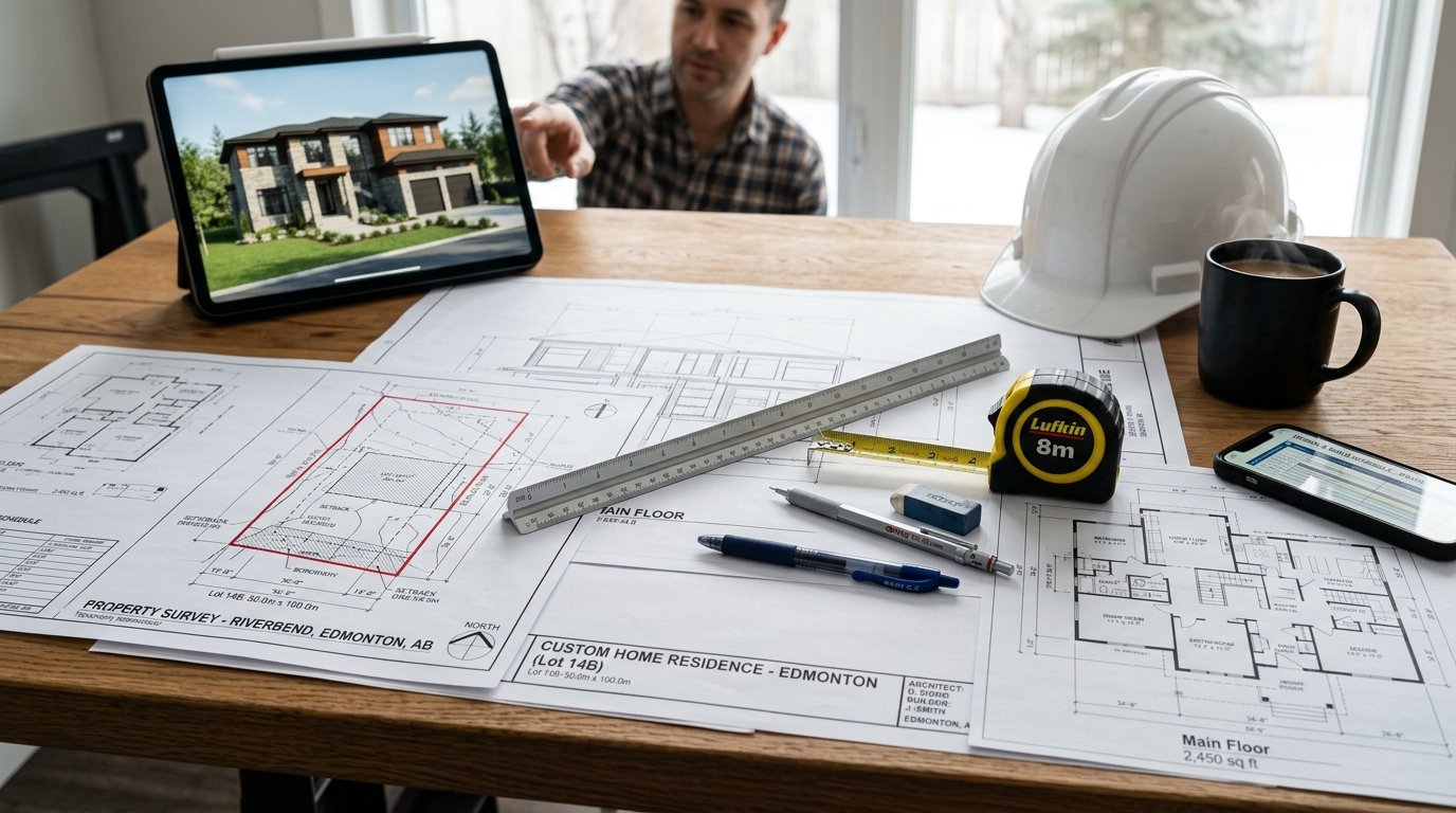 Architectural blueprints and site plan on a drafting table for custom home building in Edmonton