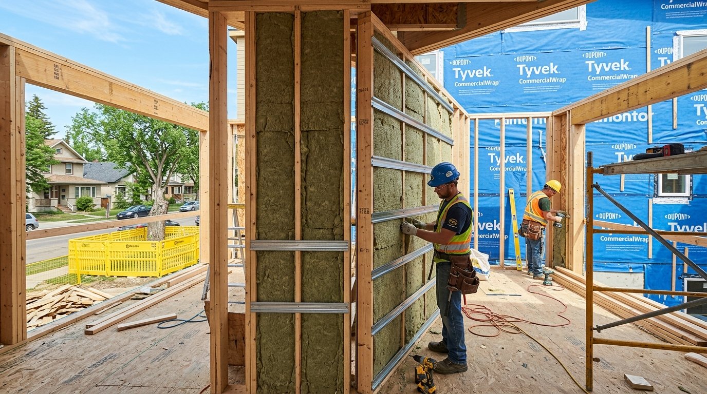 Active framing construction of an Edmonton duplex party wall showing mineral wool acoustic insulation and fire separation
