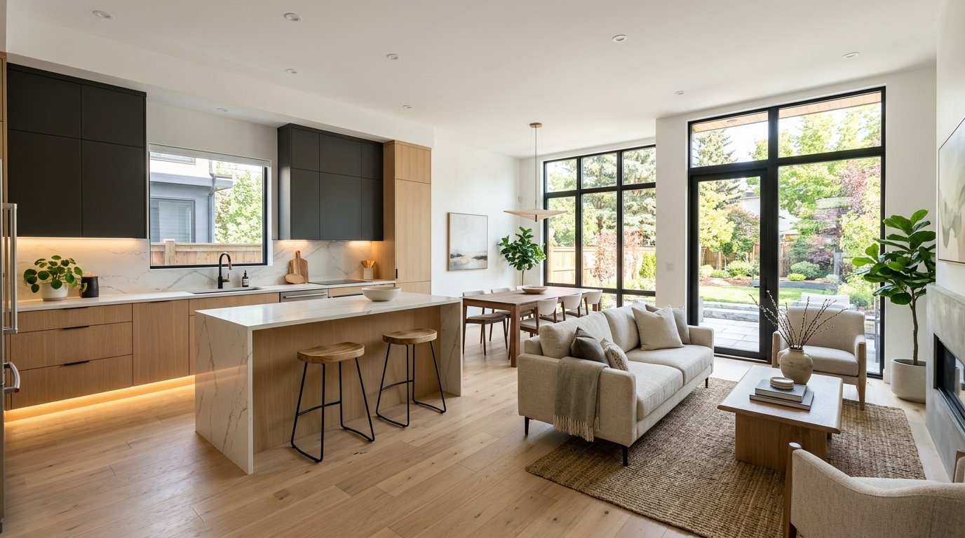 Turnkey interior of a modern Edmonton duplex showing open concept kitchen with quartz waterfall island and white oak cabinetry