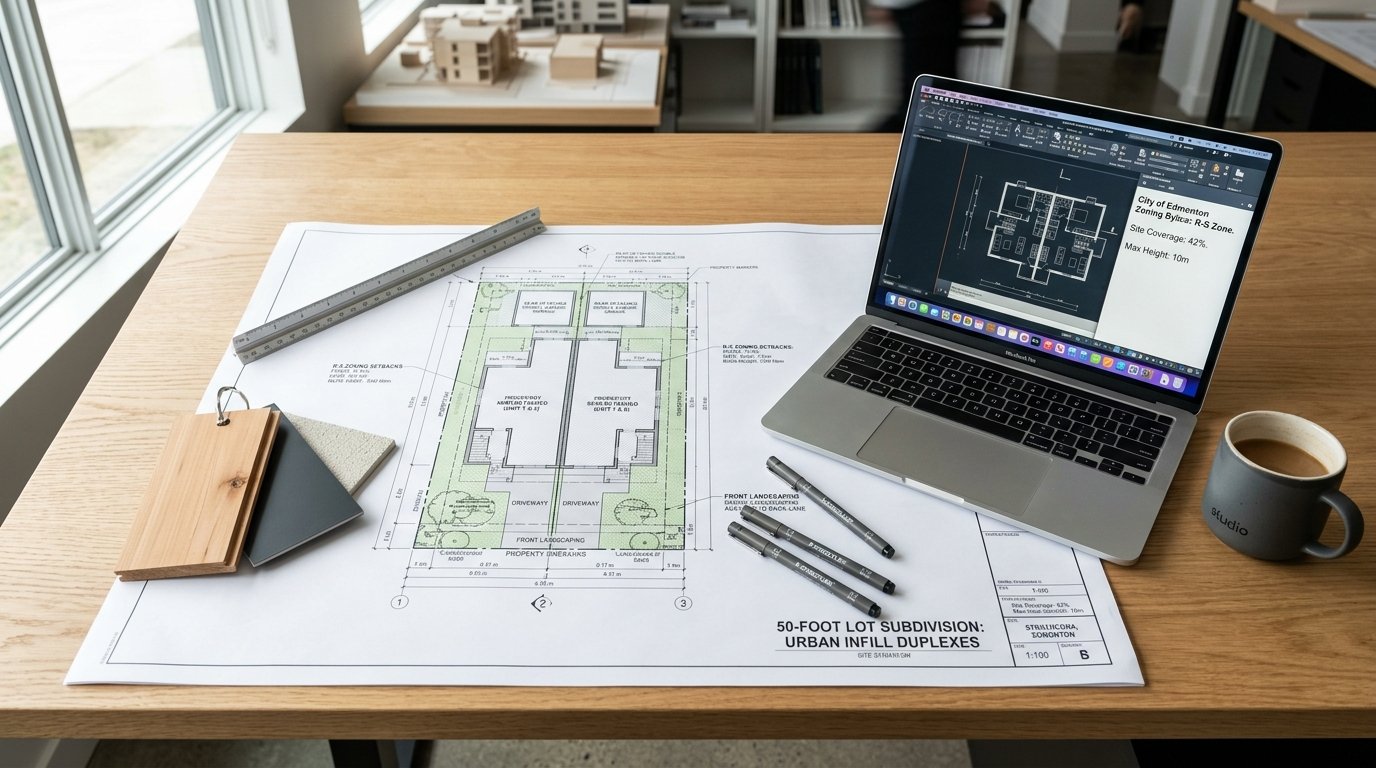 Architectural drafting studio desk with Edmonton duplex site plans blueprints and Zoning Bylaw RS calculations