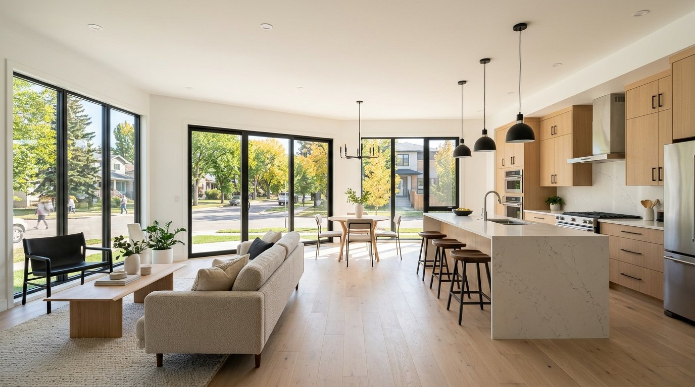Turnkey interior of a modern Edmonton fourplex showing open concept kitchen with quartz waterfall island and white oak cabinetry