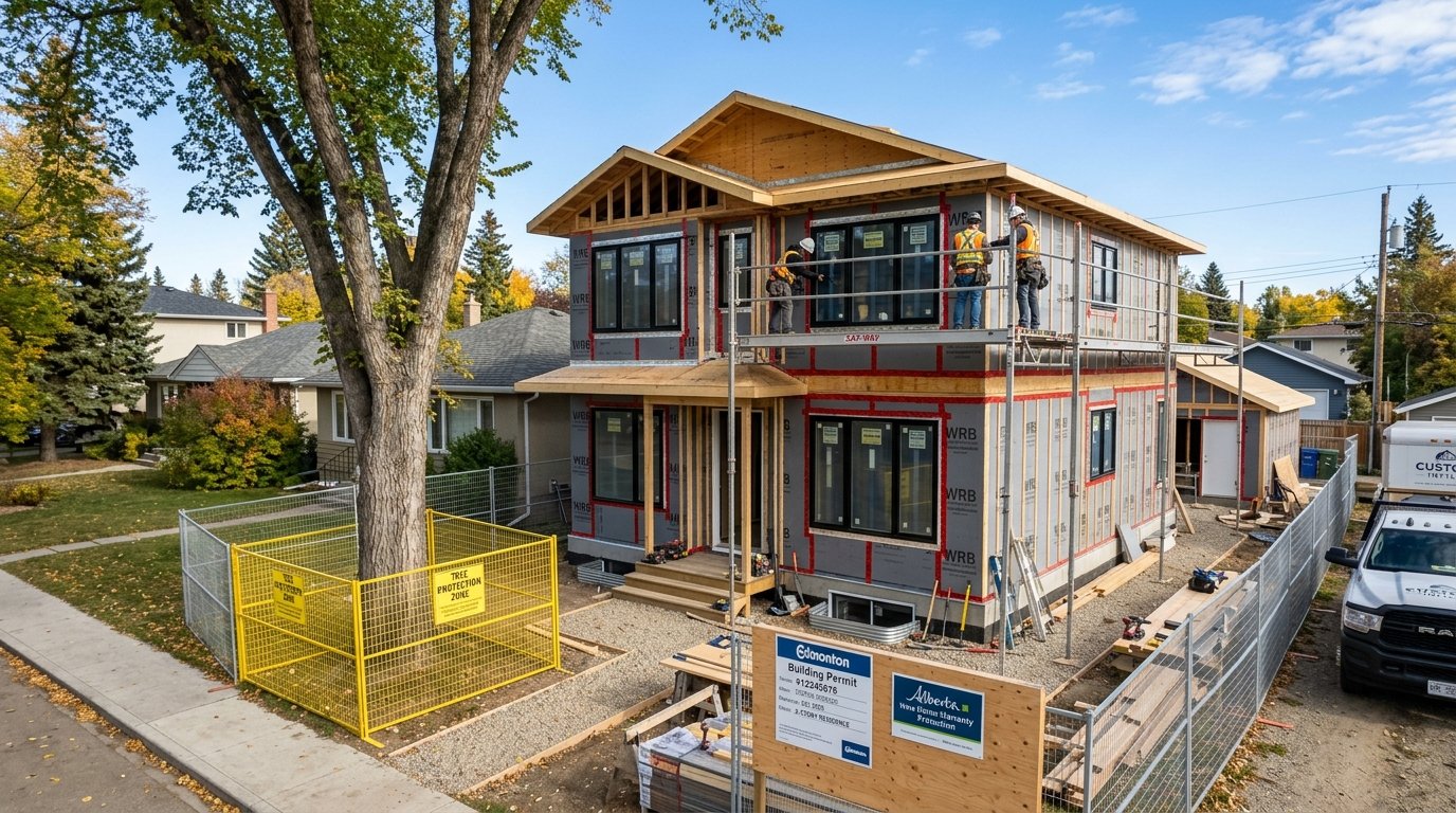 Active custom infill construction site in Edmonton showing precision framing, continuous insulation, and tree protection fencing