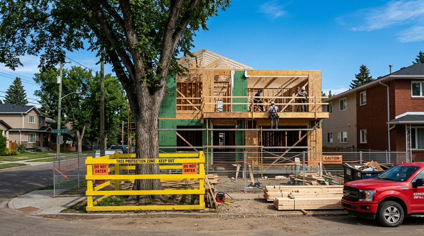 Active infill framing construction in Edmonton showing required municipal tree protection fencing on boulevard