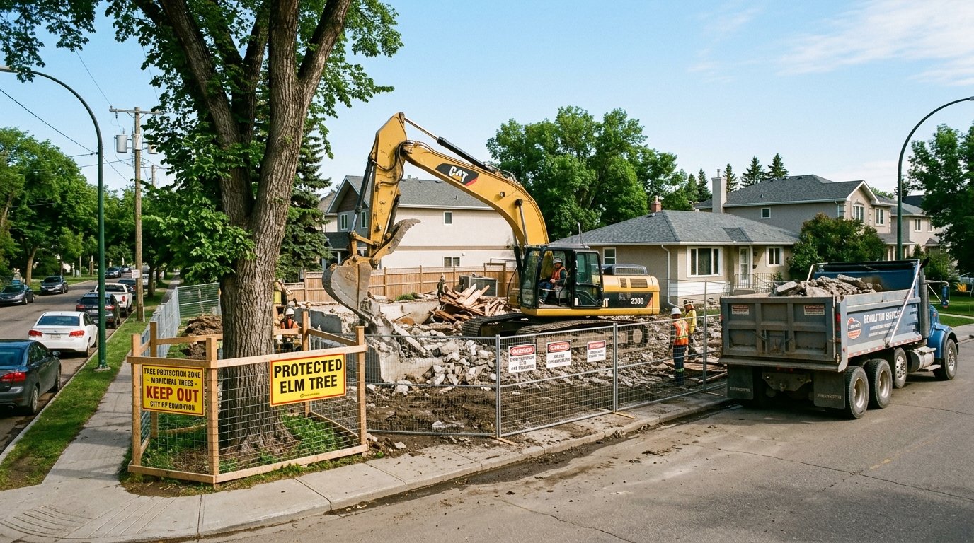 Excavator completing residential demolition on an Edmonton infill lot with protective tree barrier fencing