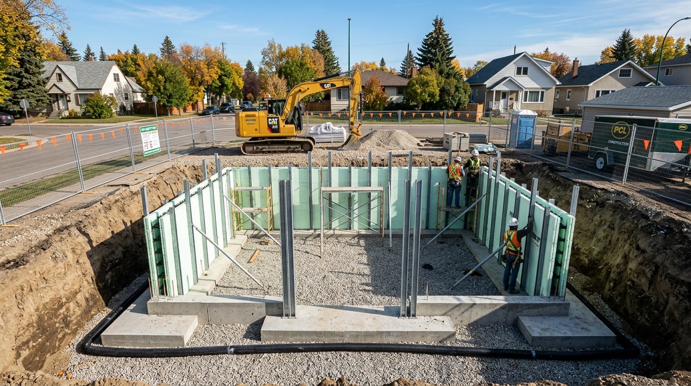 Excavation and concrete foundation work for an Edmonton infill custom home showing deep frost footings