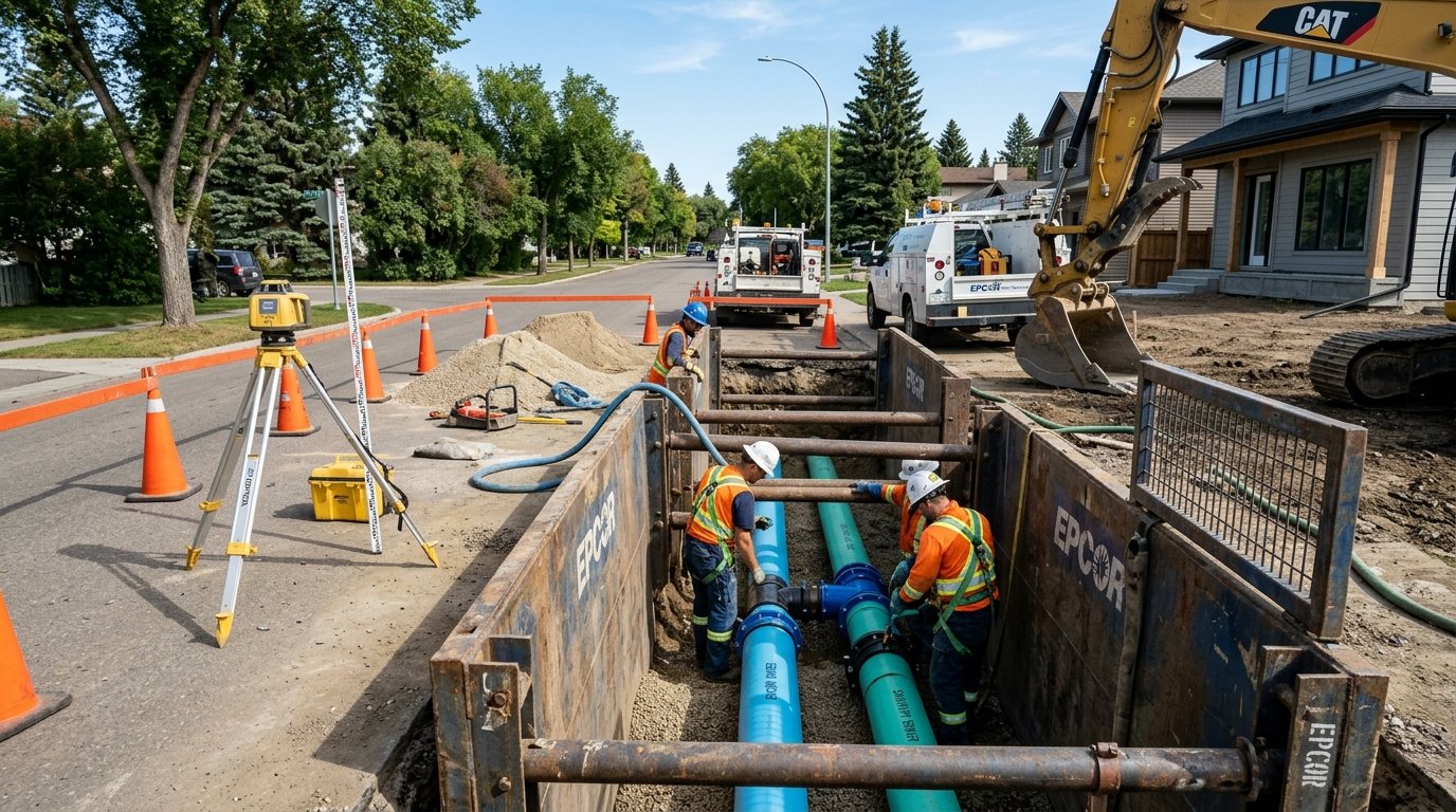 Municipal underground utility servicing trenching for an Edmonton infill development