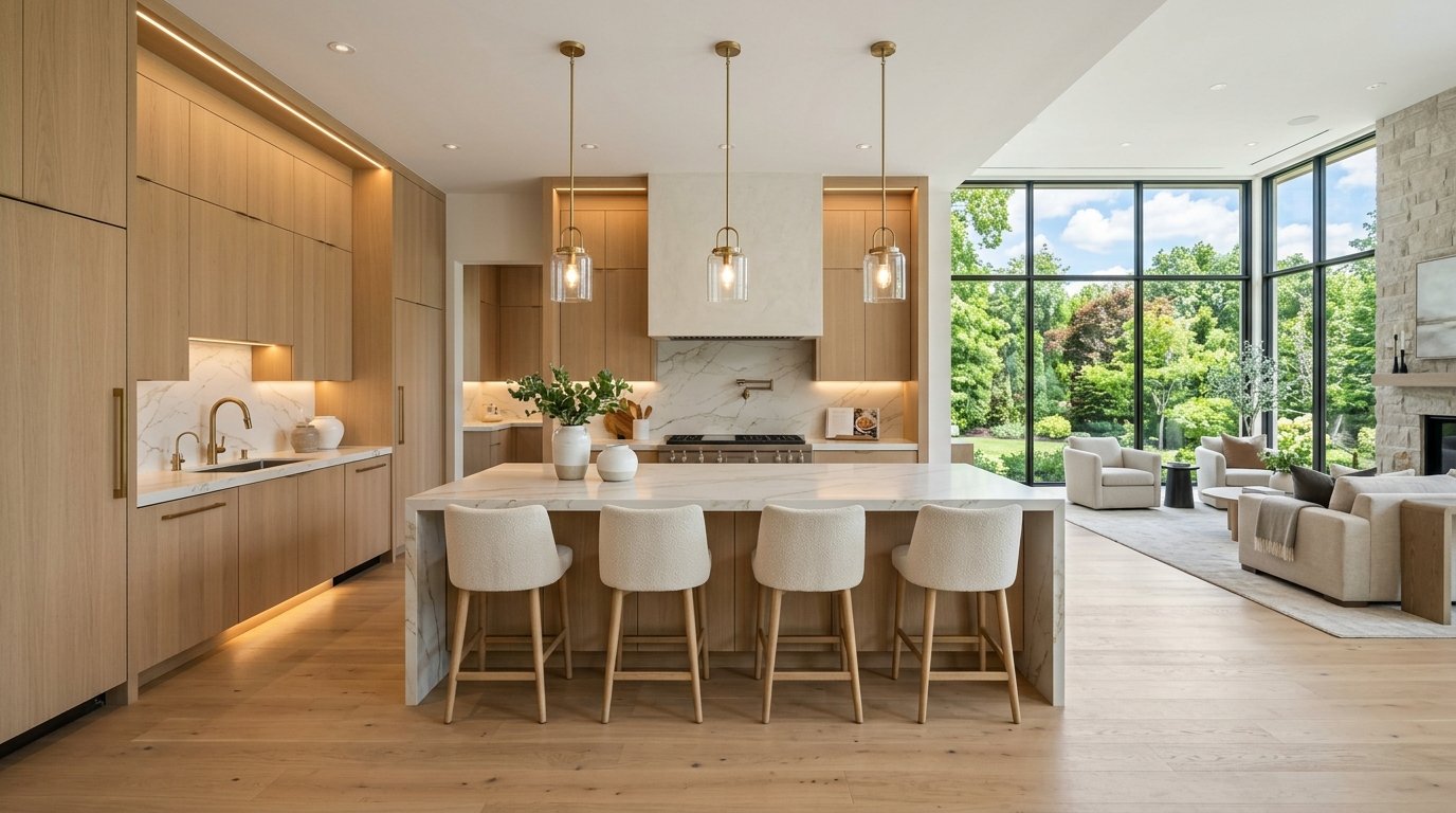 High-end custom kitchen with double waterfall quartz island and custom rift-sawn white oak cabinetry in Edmonton